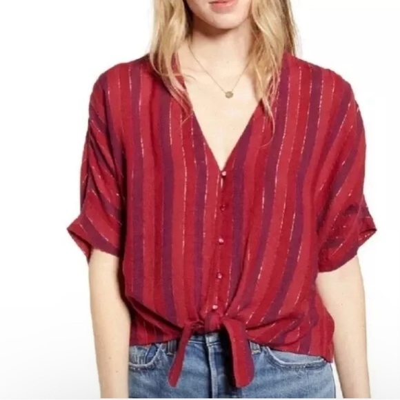 Rails Women's L Large Crop Top Frontal Tie Striped Gold Thread Boho Lightweight - Picture 1 of 9